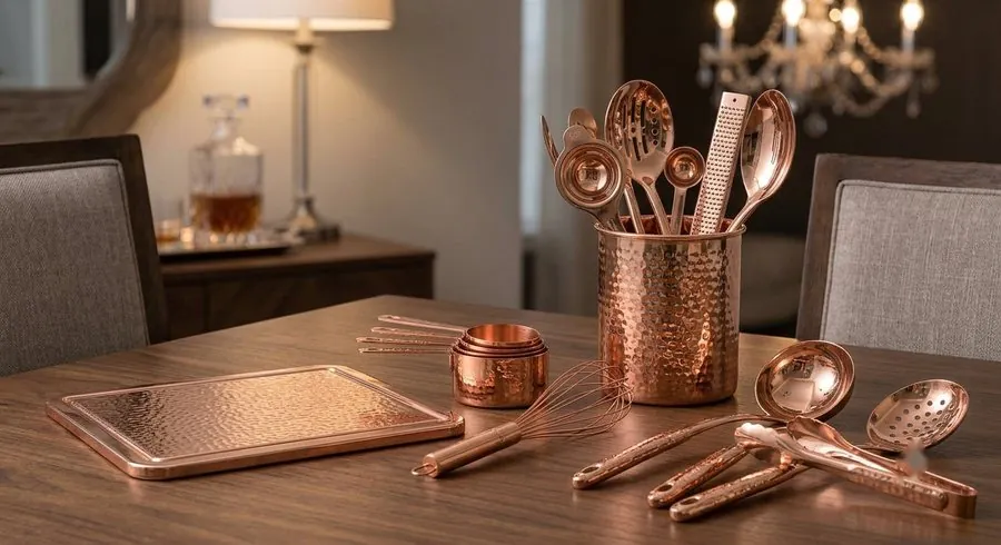 Copper PVD coated kitchen utensil and serveware set