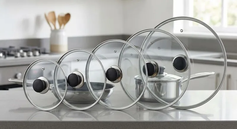 G-Type tempered glass lids with black knobs and stainless steel rims by Glass Kraft