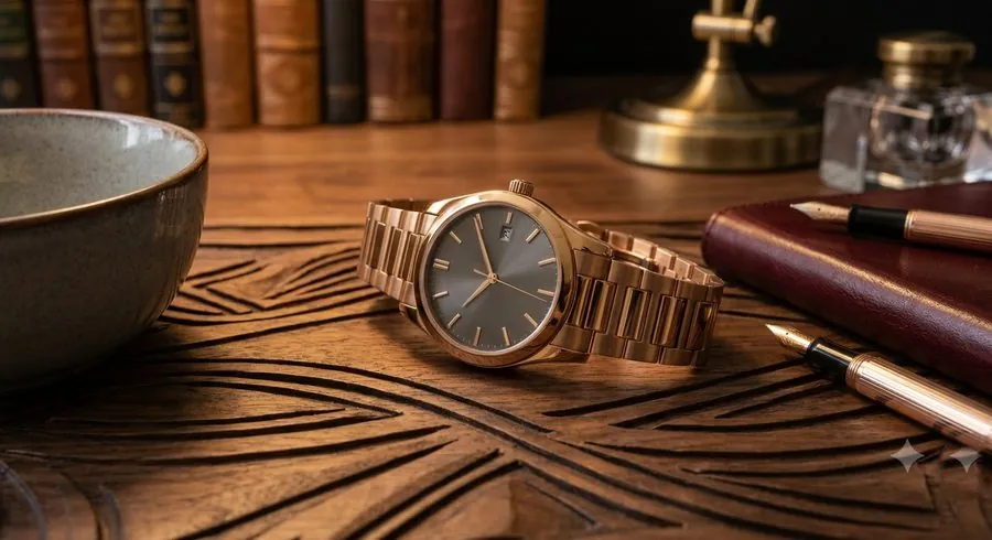 Rose gold PVD coated watch and writing instruments